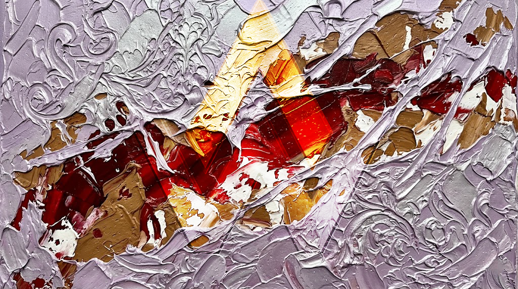 Abstract artwork featuring an intricate top layer of Silken Lavender violently torn open to reveal a blazing core of Crimson Blood and Raw Sienna impasto.