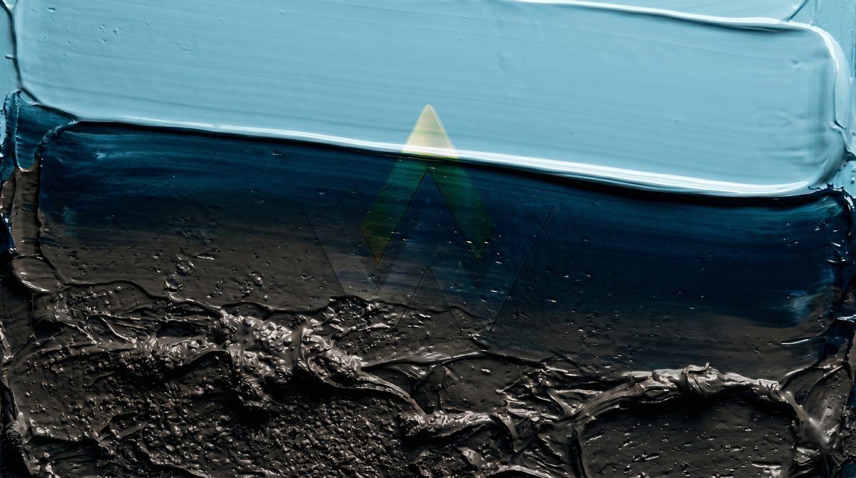 Abstract digital art print featuring chaotic Muddy Silt Brown settling into a smooth sweep of Translucent Crystalline Blue, representing patience and clarity.