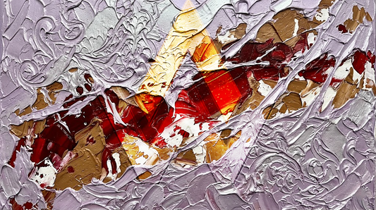 Abstract artwork featuring an intricate top layer of Silken Lavender violently torn open to reveal a blazing core of Crimson Blood and Raw Sienna impasto.