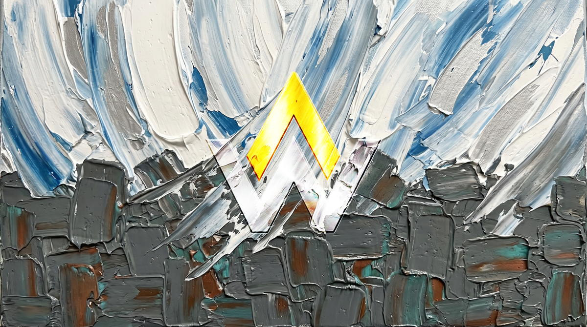 Abstract artwork featuring sweeping strokes of Sailcloth White and Stratosphere Blue violently pulling up a heavy base of Concrete Grey and Oxidized Copper.